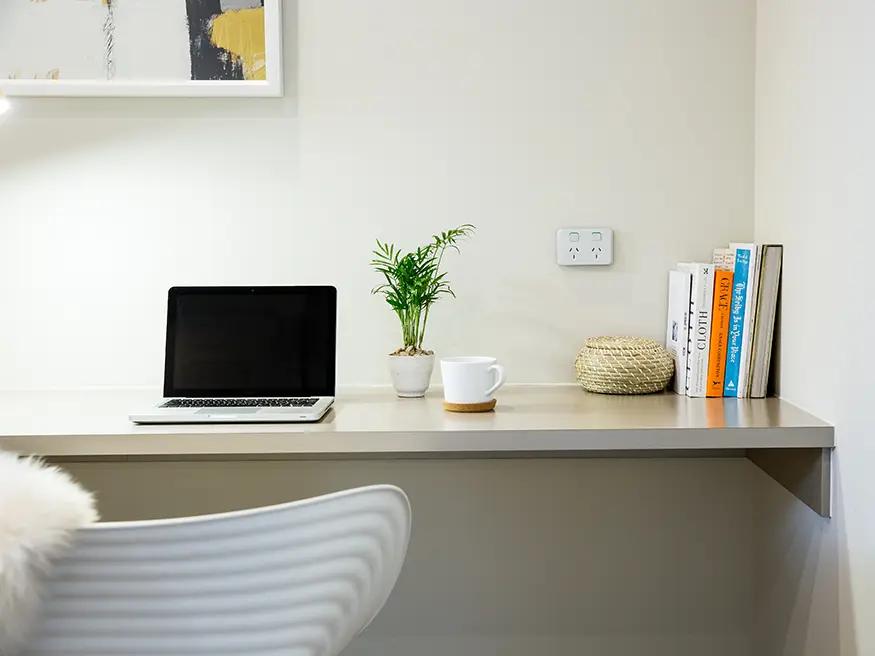 Desk with laptop, books, and plant.