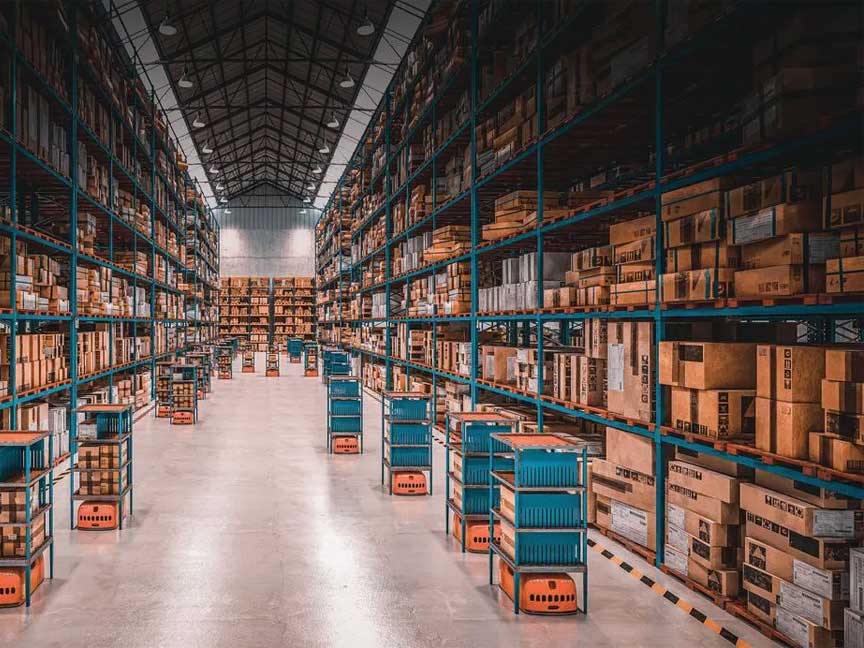 A warehouse filled with neatly stacked boxes and shelves.