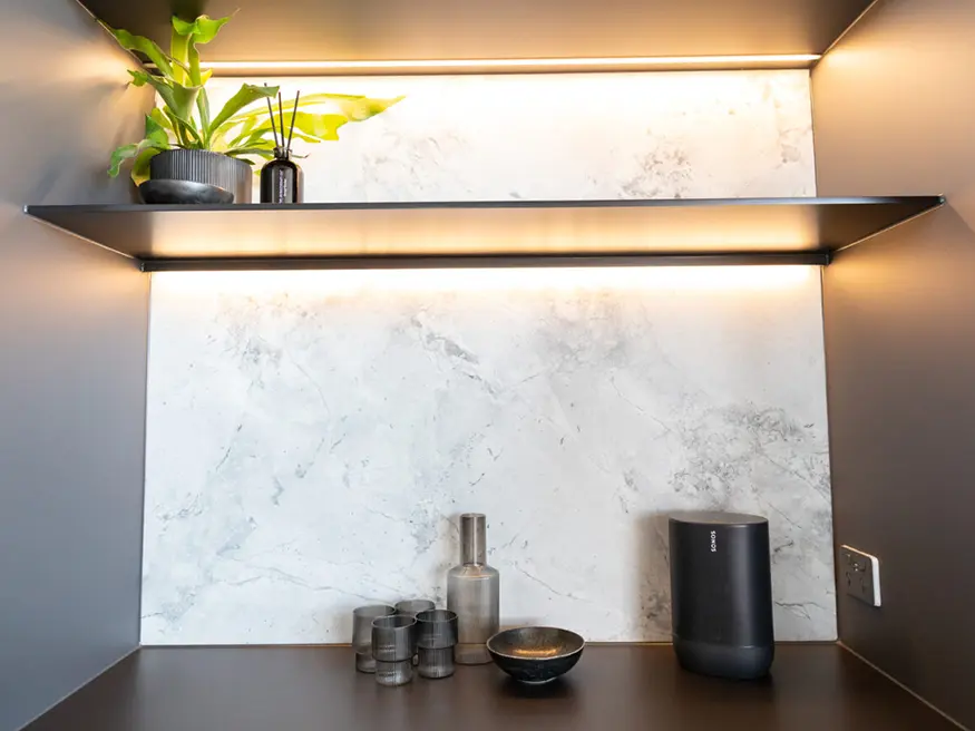 Black speaker on shelf with plants and books.