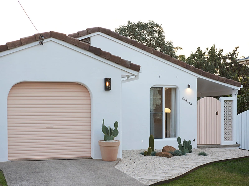 Pink garage door stands prominently, with a vibrant cactus plant positioned in front of it, creating a colorful scene